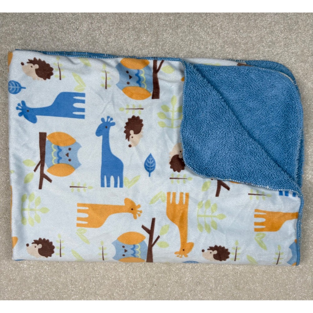 Chick Pea Blue Animal Print Baby Blanket Giraffe Owl Hedgehog Sherpa Back 30x40